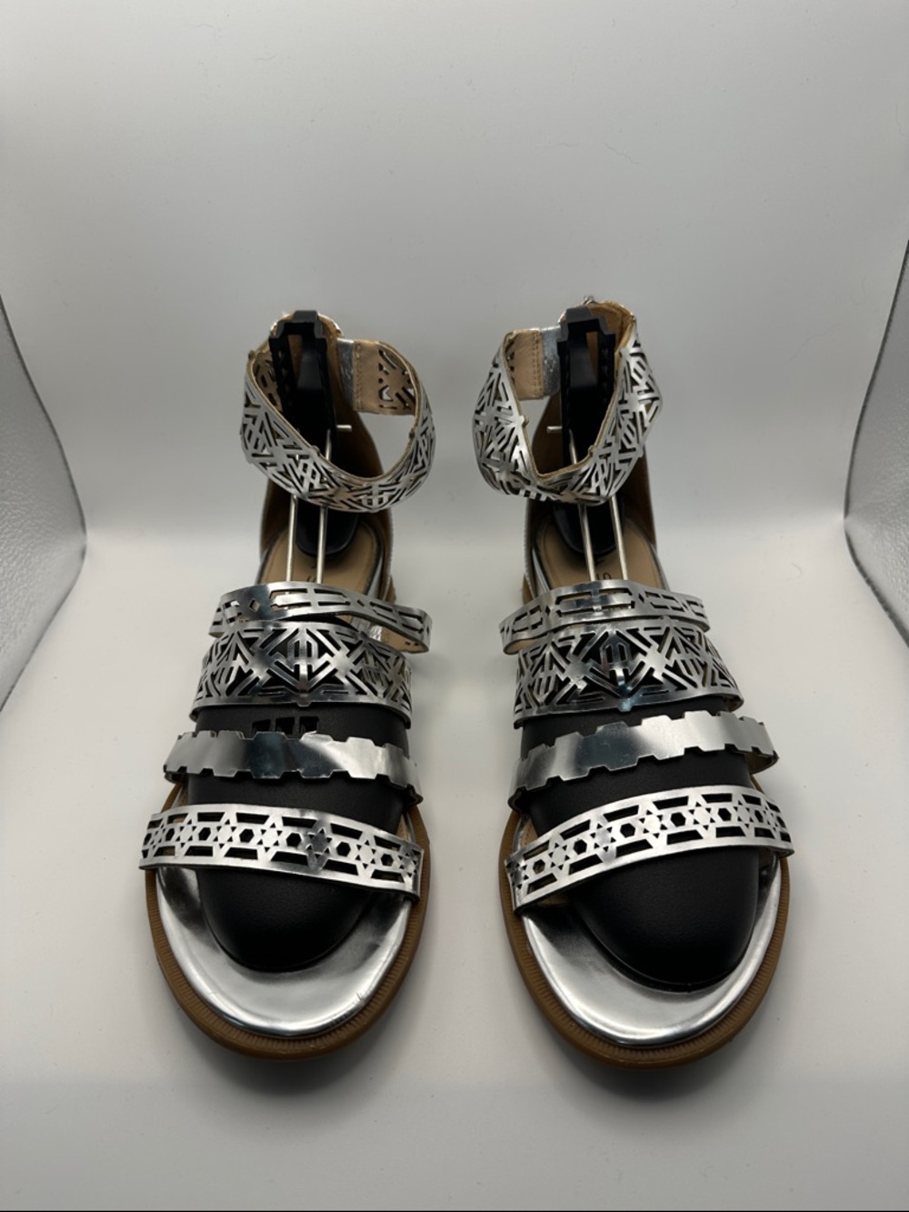Via Spiga Black and Silver Laser-Cut Strappy Sandals